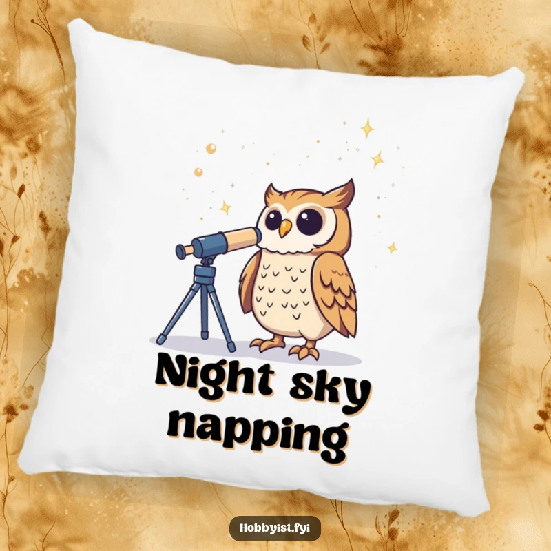 Funny Owl Pillow shows a proud owl gazing through a telescope at the starry sky, adding plush comfort and wisdom.