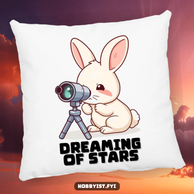 Funny pillow featuring a curious rabbit meticulously examining a tiny telescope, perfect for adding a cozy, starry touch.