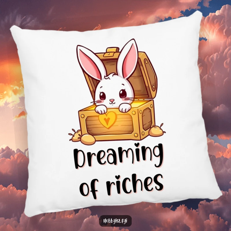 Funny Rabbit peeking with wide eyes into a shimmering treasure chest, a cute and humorous addition to a pillow.