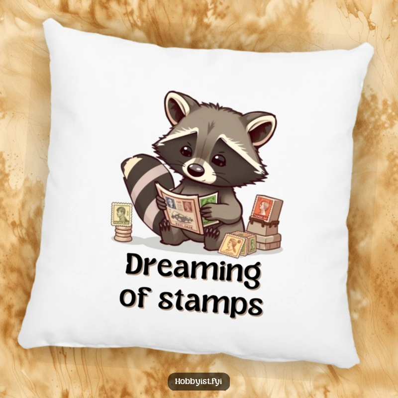 Funny raccoon examining vintage stamps, featured on a plush decorative pillow, adding comfort and quirky charm.