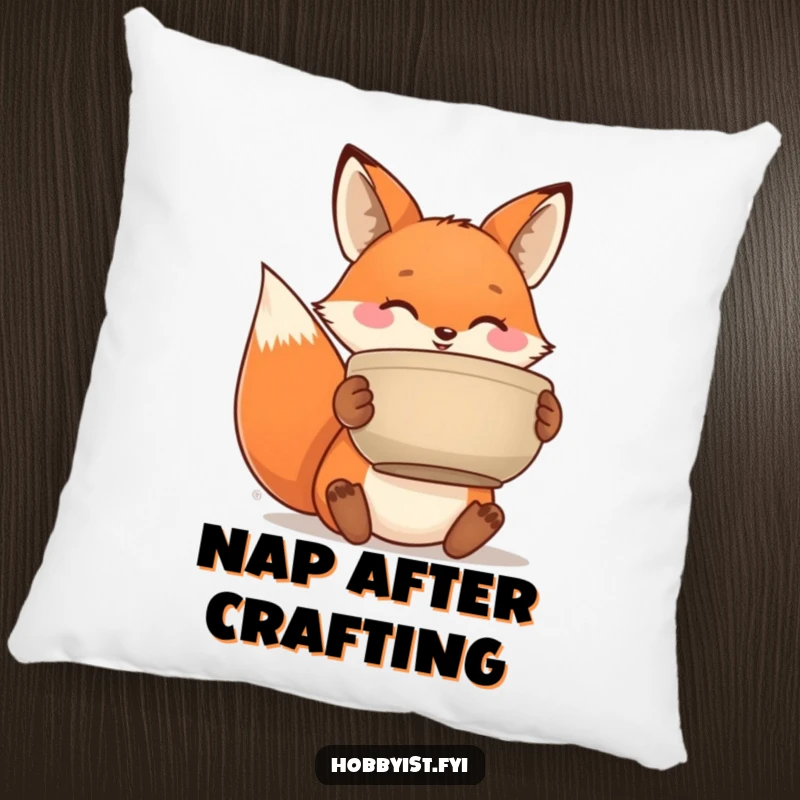 Funny pillow featuring a joyful fox proudly presenting a handmade ceramic pot, perfect for adding a cozy artistic touch.
