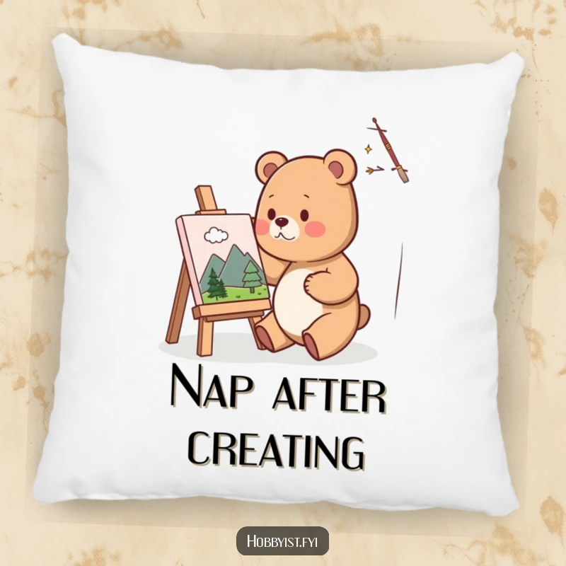 Funny Pillow with a cute bear artist happily painting a miniature landscape on a small canvas, perfect for adding artistic comfort and charm.