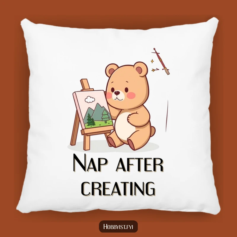 Funny Bear Artist Pillow: Cute Painter Bear Cozying Up with Miniature Art, Gift