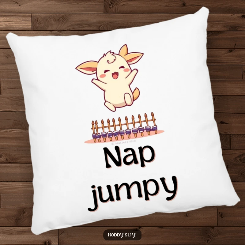 Funny Leaping Creature Pillow: a creature with flapping ears energetically jumping over small knitting needles, a cozy funny gift.