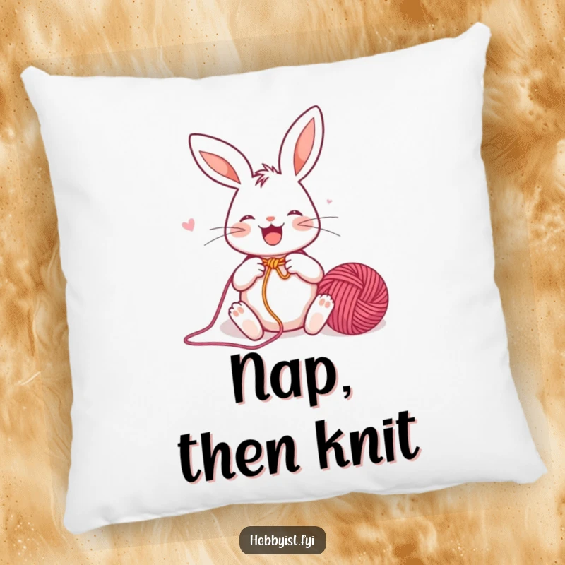 Funny Pillow featuring a joyful rabbit enthusiastically knitting a colorful yarn ball, perfect for adding a cozy and crafty touch to any room.