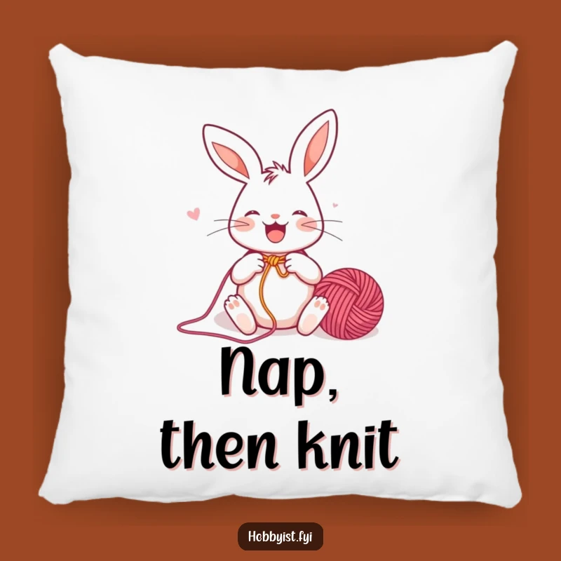 Funny Rabbit Knitter Pillow: Joyful Bunny with Yarn, Cozy Decor Gift