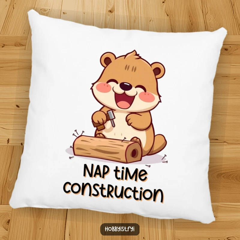 Funny Kawaii beaver pillow, with an excited beaver hammering tiny nails into a miniature wooden structure, offering cozy comfort.