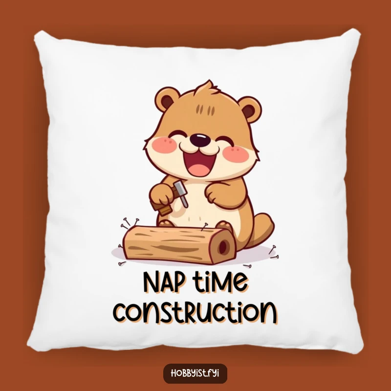 Funny Kawaii Beaver Pillow: Excited Builder Comfort, Crafty Decor Gift
