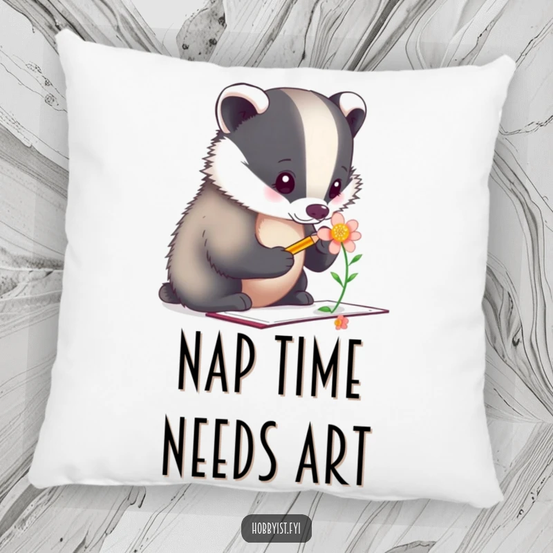 Funny Pillow: A serene badger artist is depicted sketching a flower, bringing a sense of calm creativity to any room.