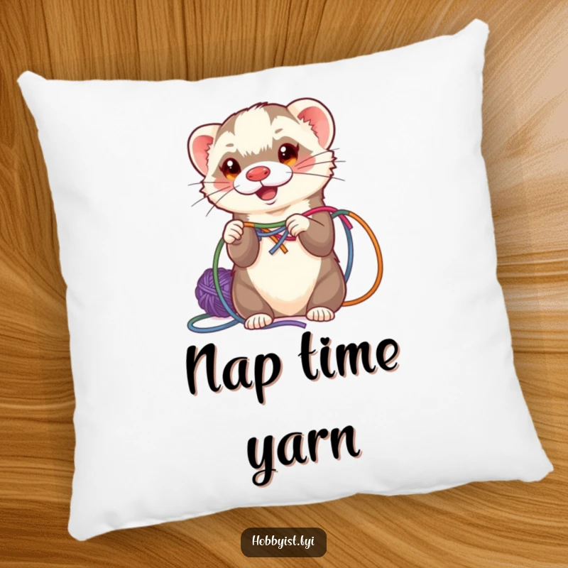Funny ferret energetically weaving colorful yarn, featured on a plush decorative pillow, adding comfort and craft charm.