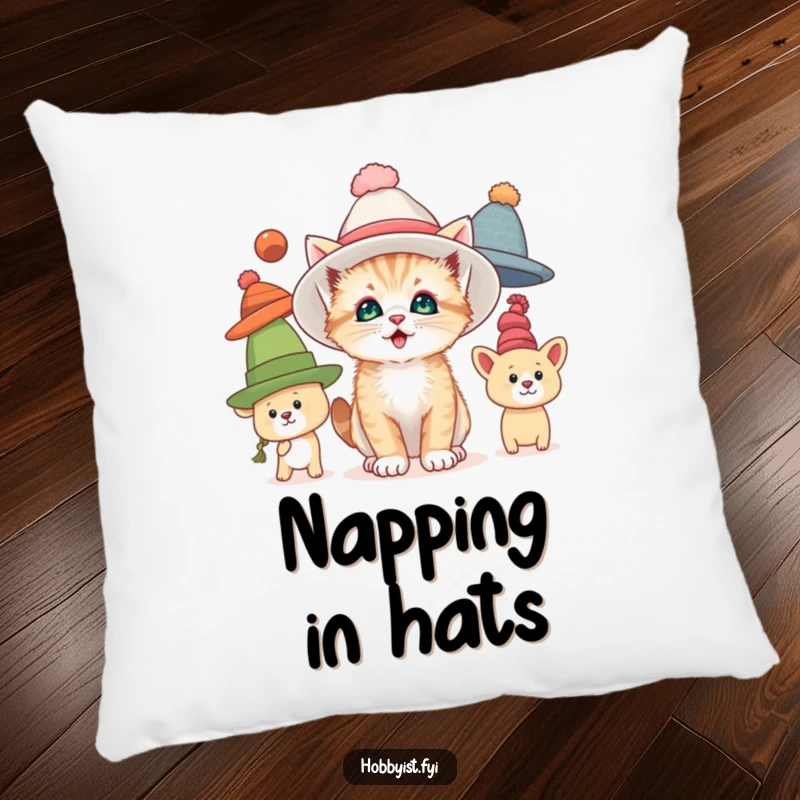 Funny pillow with a curious kitten delighting in trying on oversized hats, offering soft comfort and humorous feline fashion.
