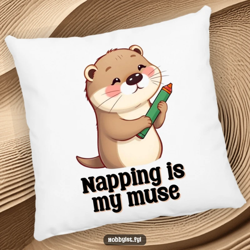 Funny Pillow featuring a playful otter sketching a whimsical portrait with a large crayon, offering cozy artistic vibes.