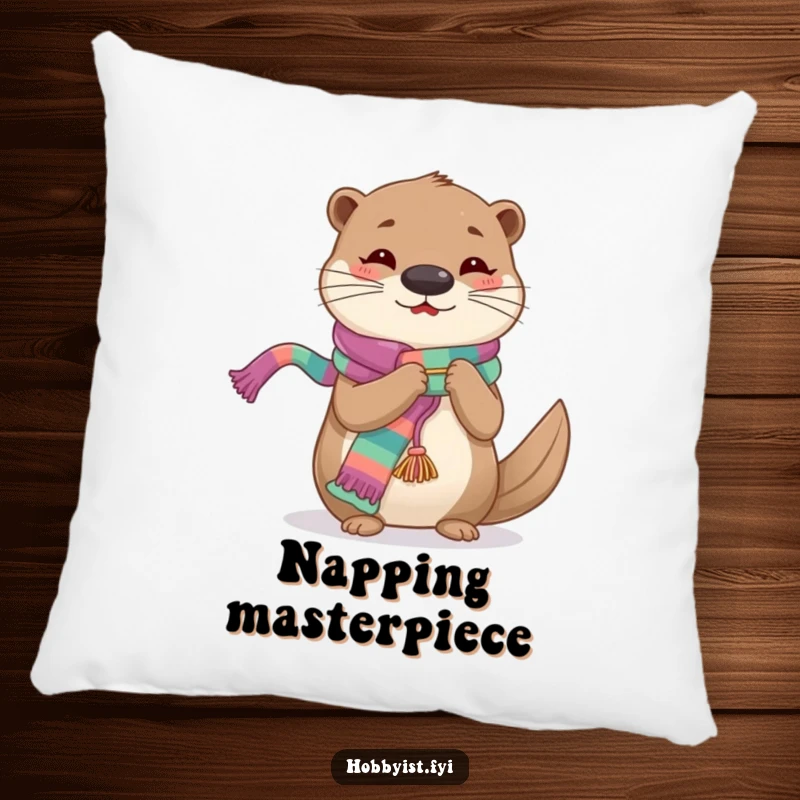 Funny Knitting Otter Pillow, a plush cushion showing a cheerful otter intently knitting a long, colorful scarf.