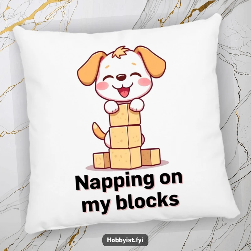 Funny dog block tower pillow showcasing a happy dog building a wobbly stack of wooden blocks, ideal for adding humorous comfort to any space.