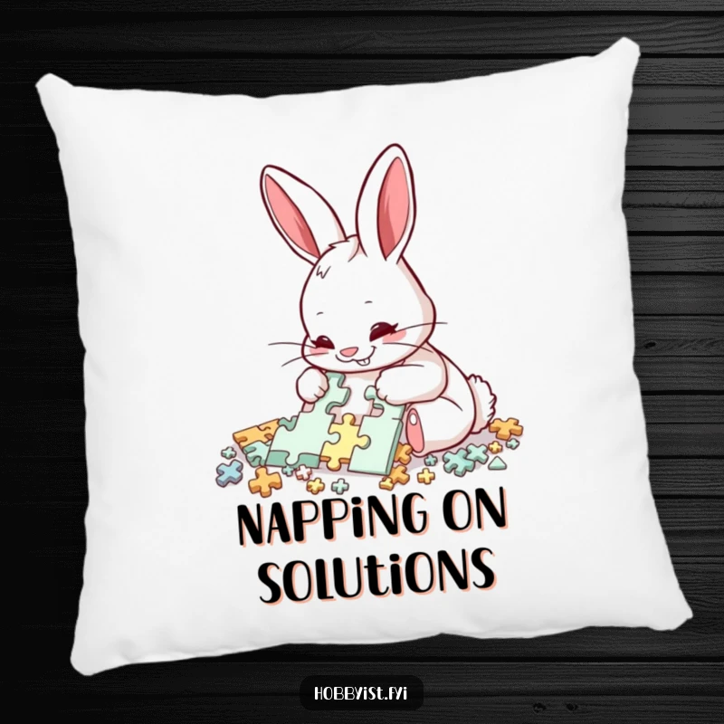 Funny Rabbit Puzzle Pillow: A delighted rabbit meticulously assembles a complex puzzle with intense focus, offering humorous comfort and decor.
