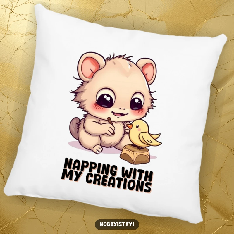 Funny cheerful creature with large eyes diligently carving a tiny wooden bird, on a soft pillow for cozy crafting vibes.