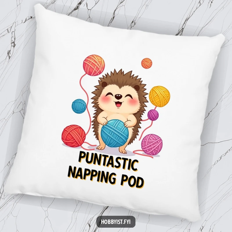 Funny Pillow featuring a giggling hedgehog juggling colorful yarn balls, offering comfort and a dose of playful charm.