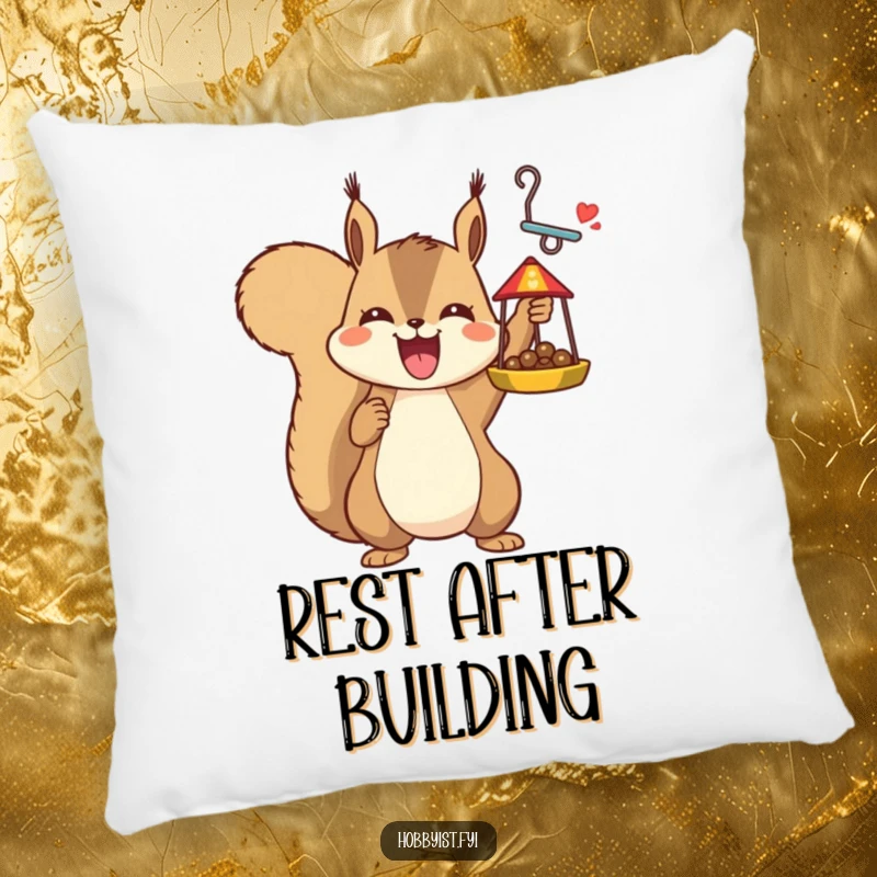 Funny joyful squirrel holding a finished bird feeder, on a soft pillow, offering humorous comfort and a sense of accomplishment for gifts.