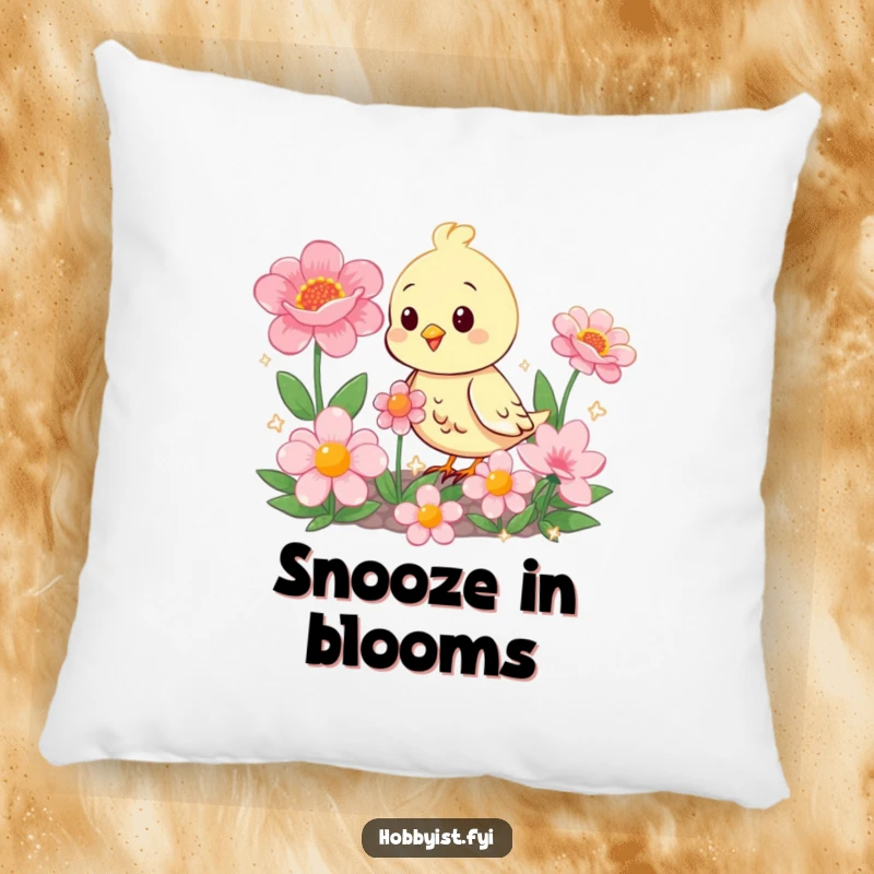 Funny happy bird among sparkling, oversized flowers, a cheerful and humorous design for a cozy pillow.