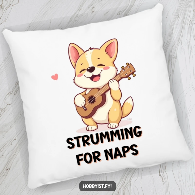 Funny pillow with a giggling dog happily strumming a tiny ukulele, offering soft comfort and humorous musical cheer.