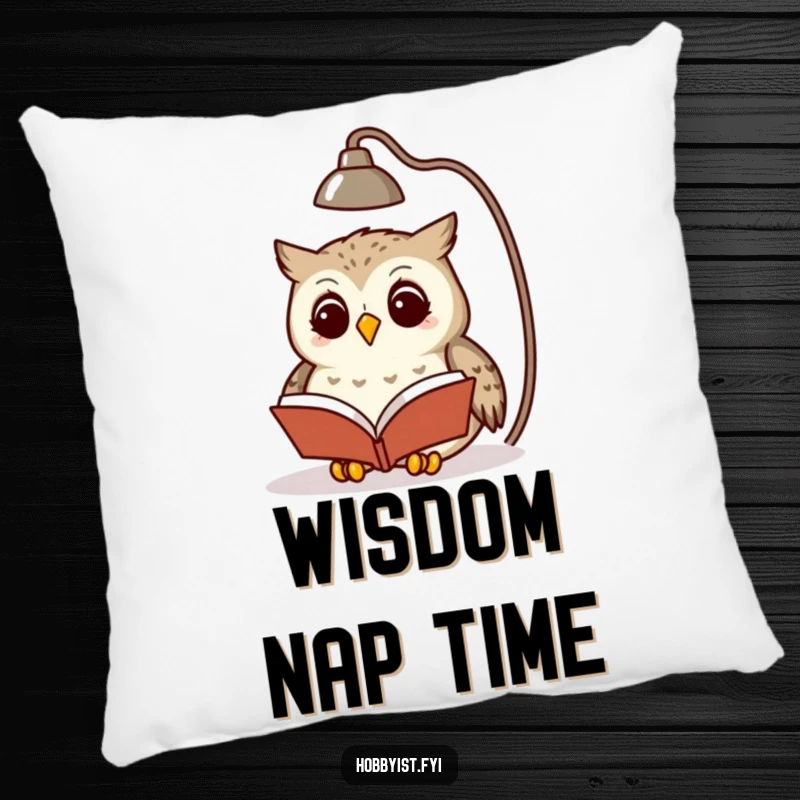 Funny owl reading diligently under a lamp, featured on a plush decorative pillow, adding comfort and humor.