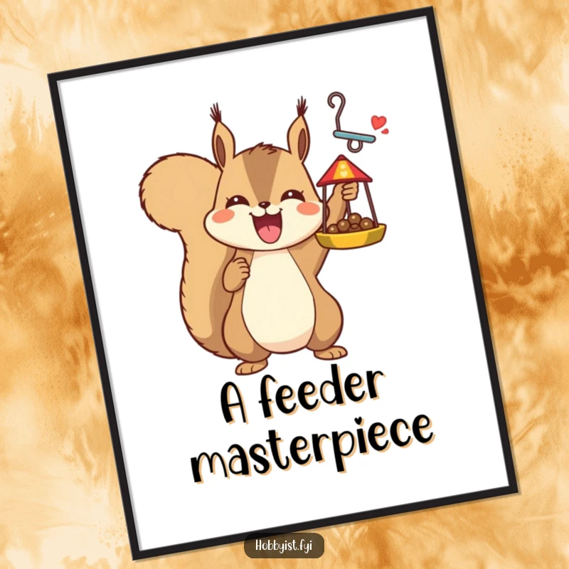Funny joyful squirrel triumphantly holding a completed intricate bird feeder, as a digital art print, bringing instant creative humor.