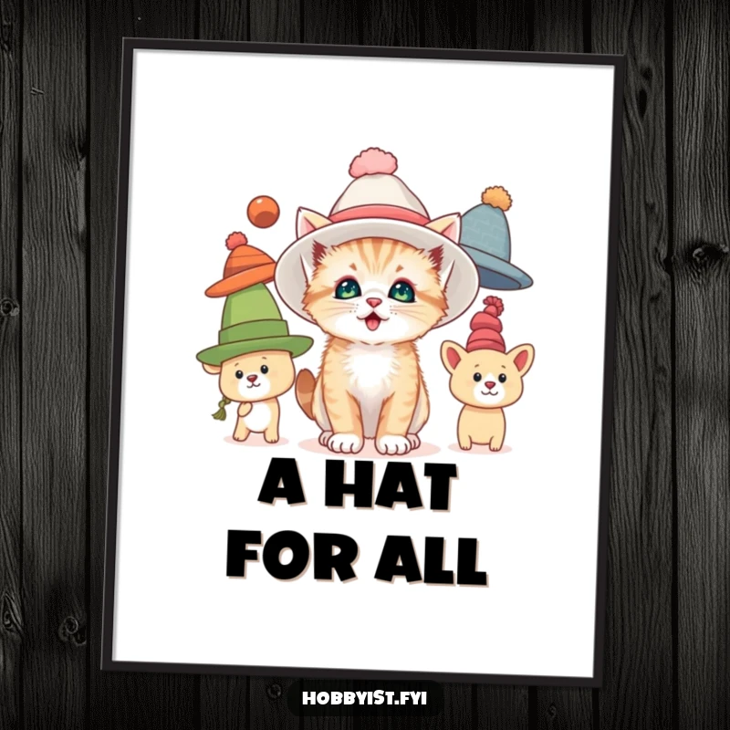 Funny digital art print of a curious kitten trying on oversized hats with delight, perfect for immediate whimsical decoration.