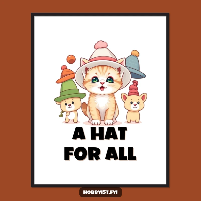 Funny Kitten Hat Digital Art: Printable Cat Decor for Instant Whimsy