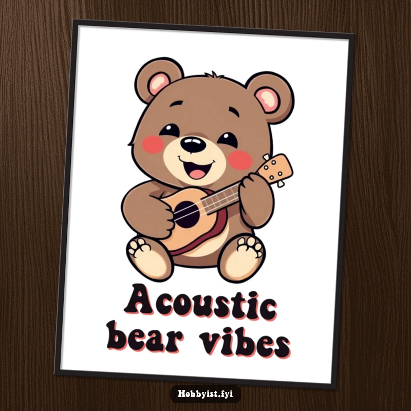 Funny Bear Digital Art Print: A smiling bear enthusiastically plays a miniature ukulele, perfect for adding a musical and humorous vibe, a funny gift.