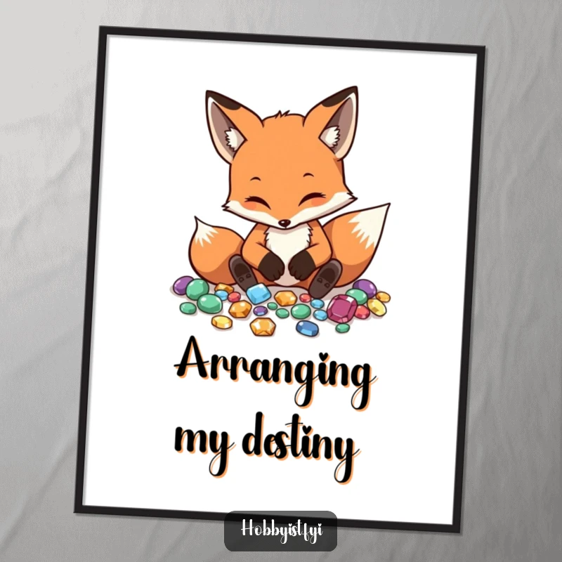 Funny Fox Gemstone Digital Art Print shows a diligent fox meticulously arranging gemstones, bringing instant refined humor.