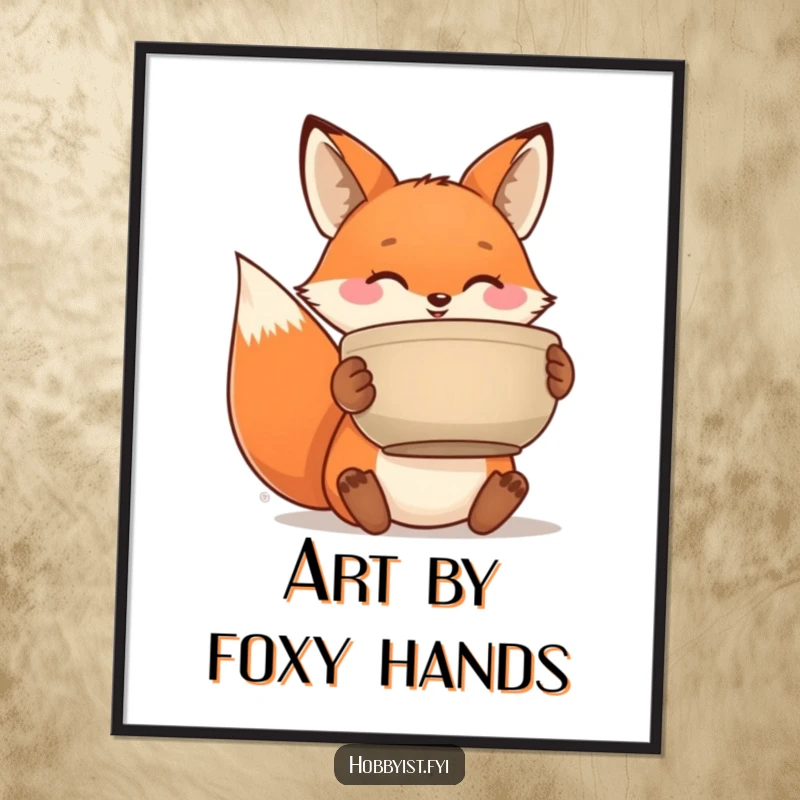 Funny digital art print of a happy fox proudly showcasing a handmade ceramic pot, ideal for instant artistic decor.