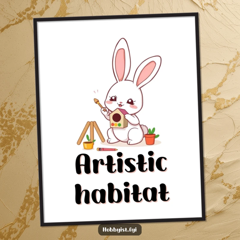 Funny Digital Art of a cute kawaii bunny enthusiastically painting a tiny, colorful birdhouse, perfect for digital displays and inspiration.