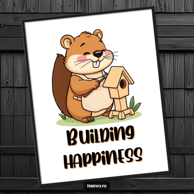 Funny beaver digital art print with apron, happily hammering a miniature birdhouse, for instant humorous DIY.