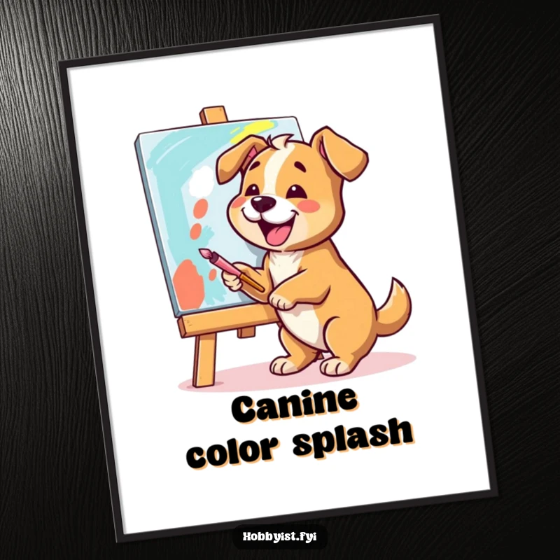 Funny Dog Artist Digital Art: A cheerful dog joyfully paints a vibrant canvas with broad strokes, offering instant humorous and artistic decor.