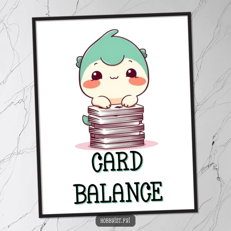 Funny Digital Art Print: A happy creature with a small smile amusingly attempts to balance a stack of playing cards, offering instant humor.