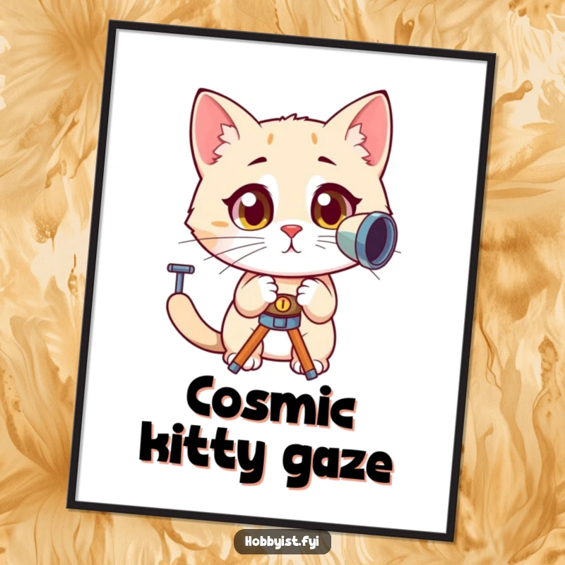 Funny, curious cat with wide, amazed eyes peering into a telescope, presented as a high-resolution digital art print for cosmic decor.