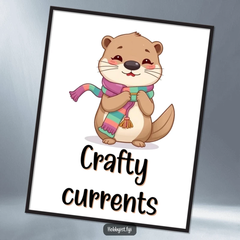 Funny Knitting Otter Digital Art Print, a cheerful otter intently knitting a long, colorful scarf with focus.