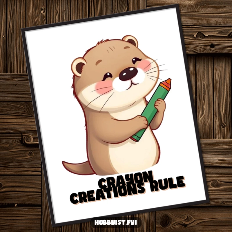 Funny Digital Art Print of a playful otter sketching a whimsical portrait with a large crayon, perfect for instant decor.