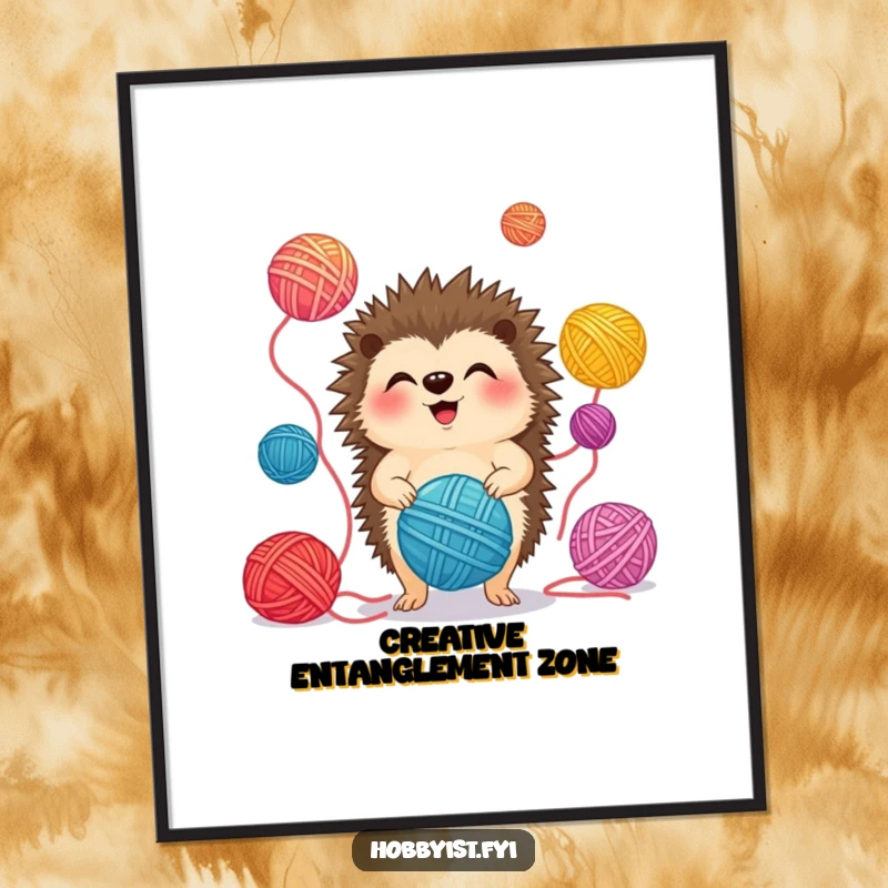 Funny Digital Art Print of a giggling hedgehog juggling colorful yarn balls, perfect for instant playful decor.