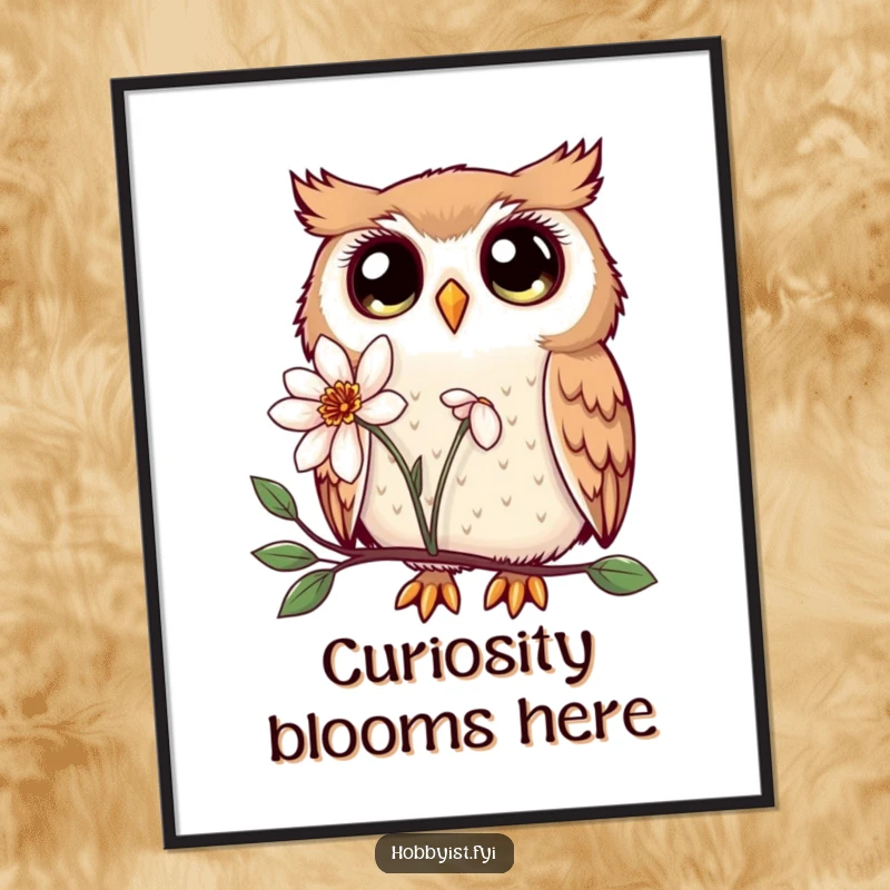 Funny Kawaii owl digital art print, with large enchanting eyes, curiously examining a delicate flower, offering instant whimsical decor.