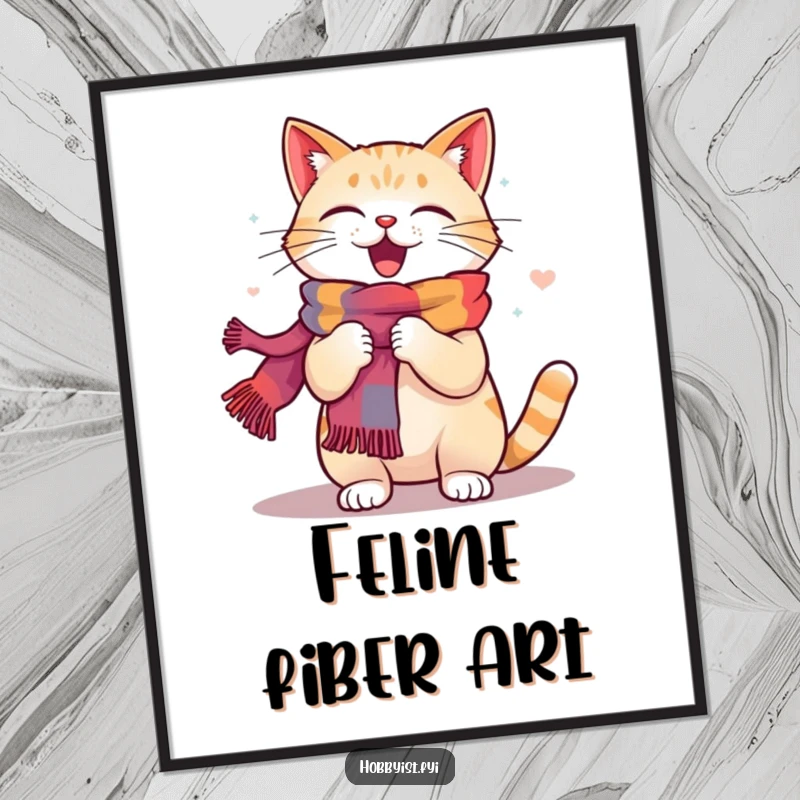 Funny Cat Knitting Digital Art: A happy cat energetically knits a colorful scarf, offering instant humorous and artistic decor.