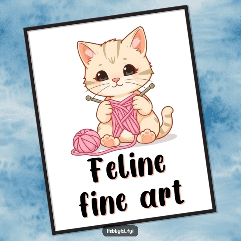 Funny digital art print of a curious cat with knitting needles and yarn, a ball of wool bouncing, adding whimsical decor.