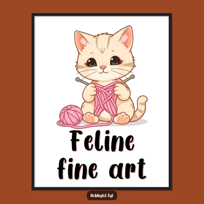Funny Cat Knitting Digital Art Print - Curious Feline, Instant Craft Decor, Humorous Gift