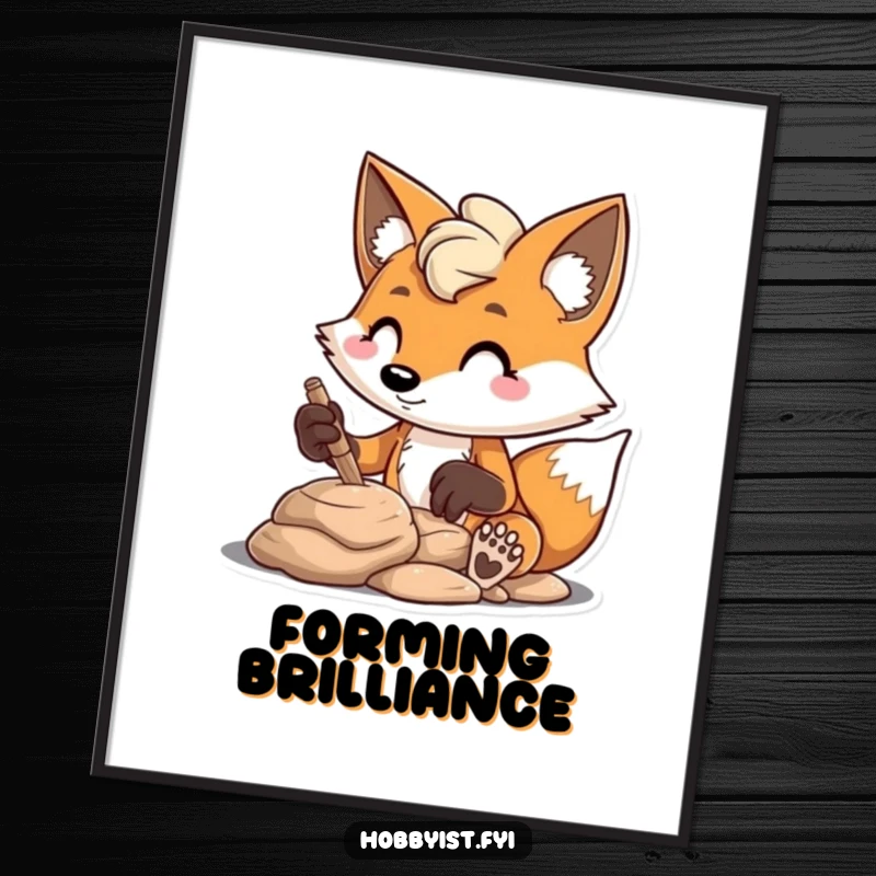 Funny mischievous fox intently sculpting clay with focus, as a digital art print, bringing instant artistic humor and charm.
