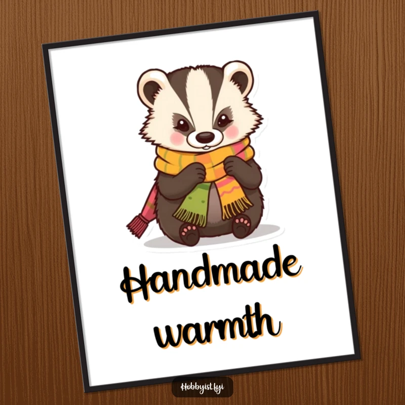 Funny Digital Art of a skilled kawaii badger expertly knitting a miniature, colorful scarf, perfect for digital displays and inspiration.