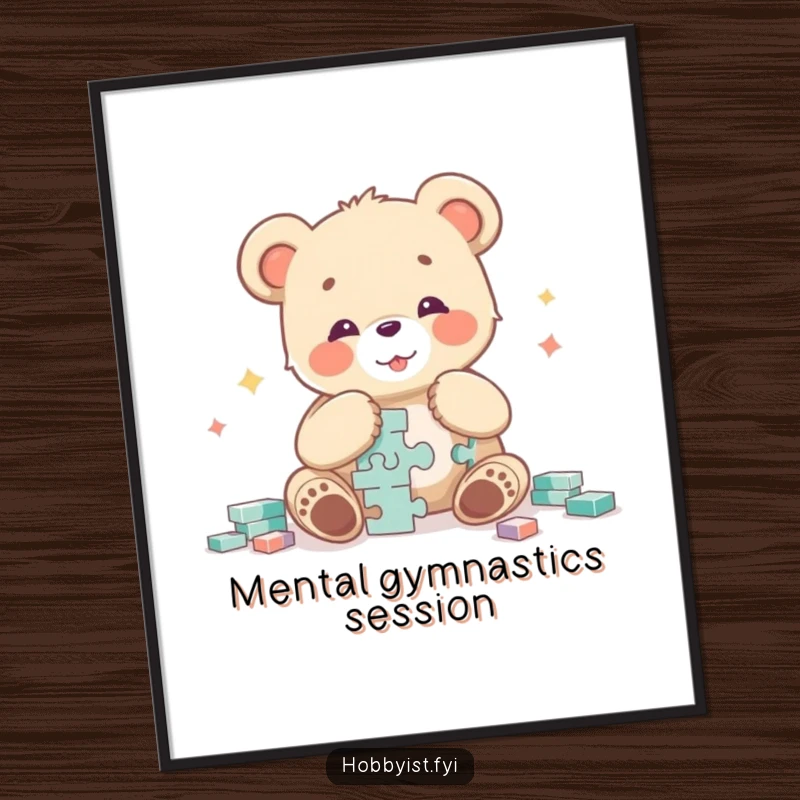 Funny bear cub character showing immense glee and focus while solving a difficult jigsaw puzzle, presented as a high-quality digital art print.