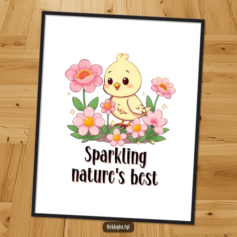 Funny happy bird character in a garden of oversized, sparkling flowers, a cheerful and humorous digital art print.