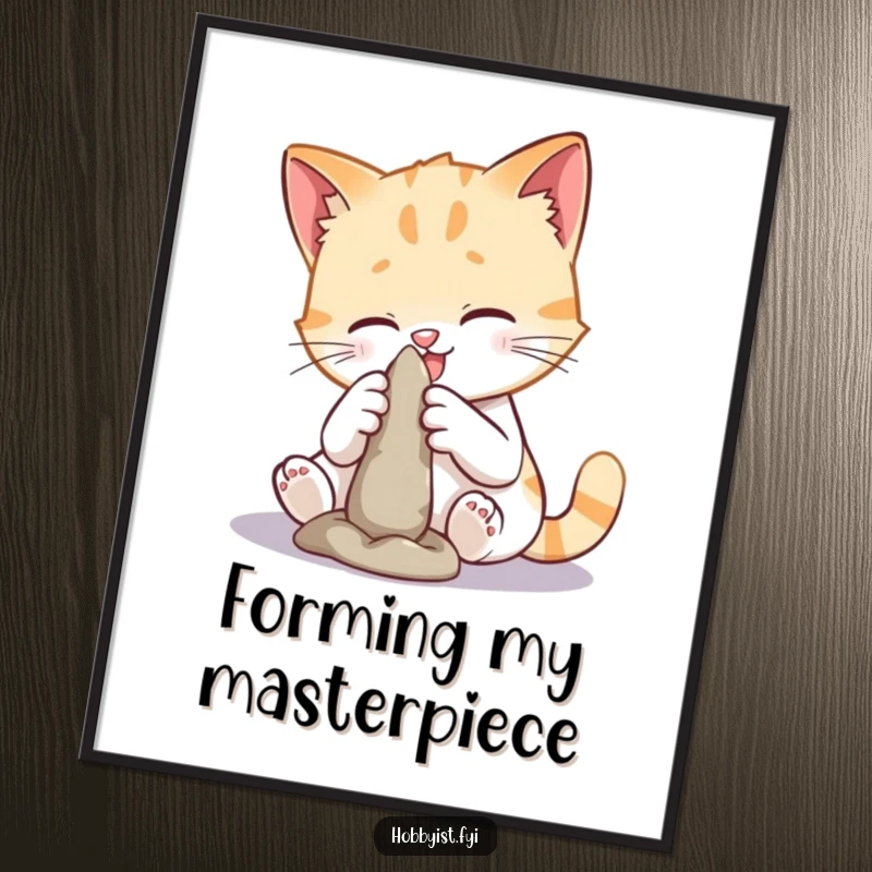 Funny cat sculpting digital art print featuring a playful cat molding clay, perfect for digital display or printing as humorous artwork.