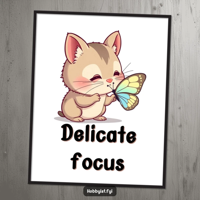 Funny Digital Art Print: A curious creature with twitching whiskers intently examines a delicate butterfly wing, offering instant natural charm.