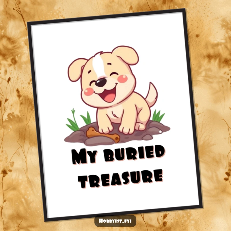 Funny digital art print of a happy dog energetically digging a hole, with a bone nearby, adding playful decor.